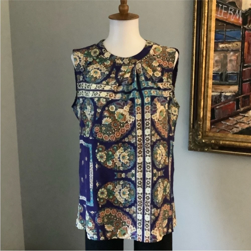 Nanette Lepore Silk Boho Floral Sleeveless Blouse Jewel Tone Print Size 4